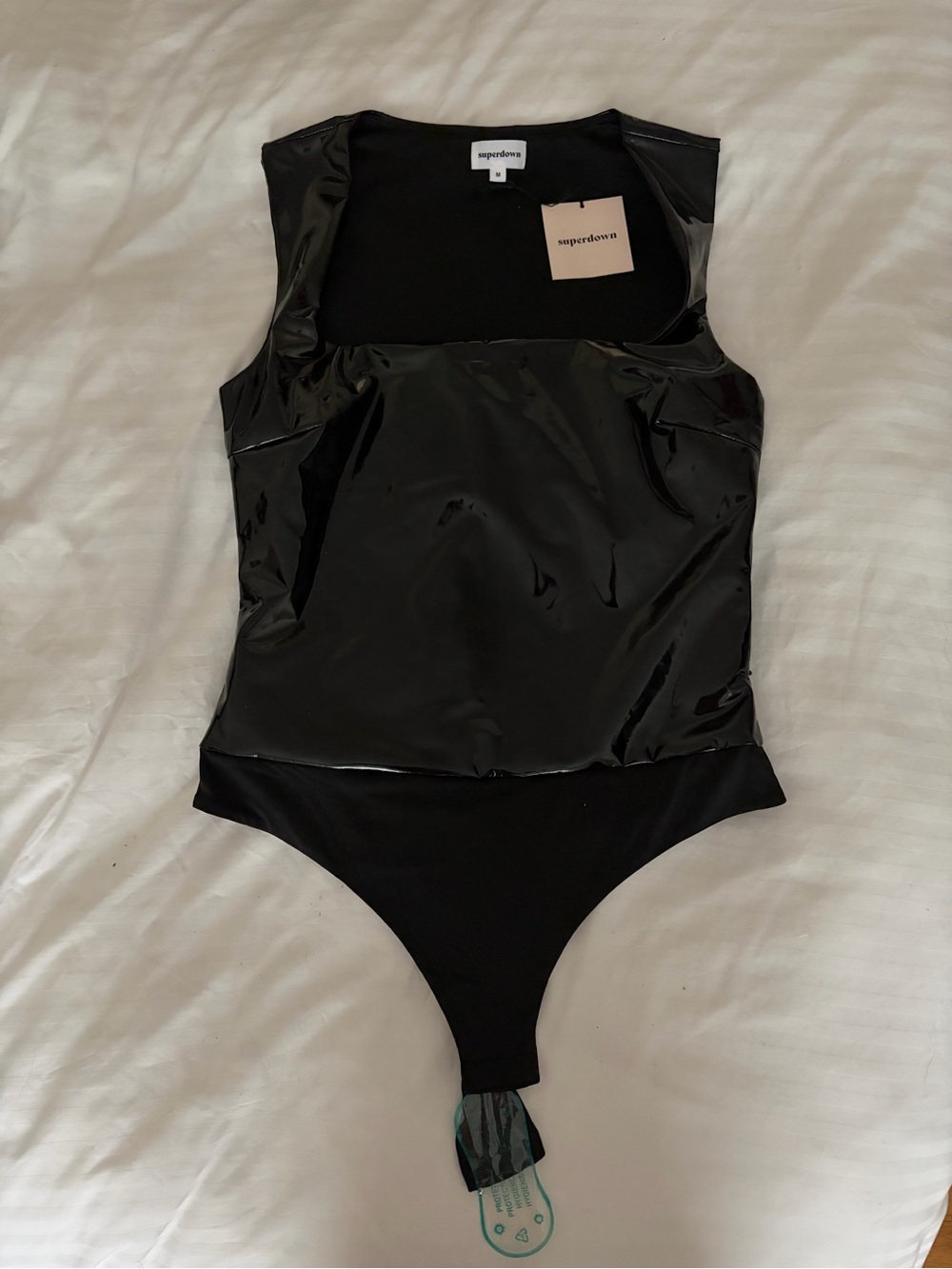 superdown Glossy Black Square Neck Bodysuit